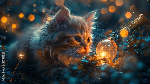 Cute cat looking at a glowing ball in wonder.