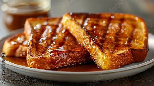 Golden French Toast Slices Drizzled With Maple Syrup On A White Plate