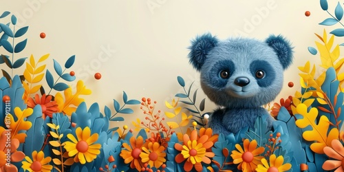 Blue teddy bear surrounded by colorful flowers in a field