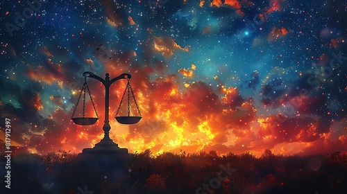 The image shows a balance scale with two pans on a starry night sky background.
