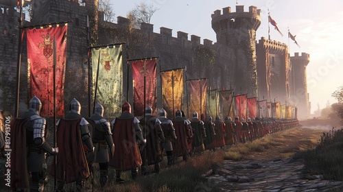 An evocative image of knights bearing colorful banners before a castle, evoking the grandeur and ceremony of medieval times, ideal for projects on historical reenactments or fantasy narratives.