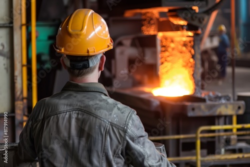 Worker in a protective helmet observing the molten metal pouring process in a steel foundry or industrial facility.