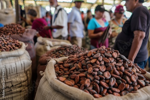Sacks filled with cacao beans at a market with people browsing in the background.