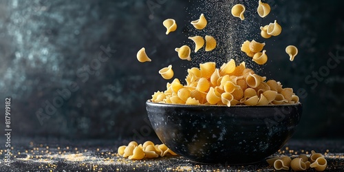 A black setting depicts white flour and an array of conchiglie pasta being thrown into the elements of unseasoned bowl pasta and space, Generative AI.