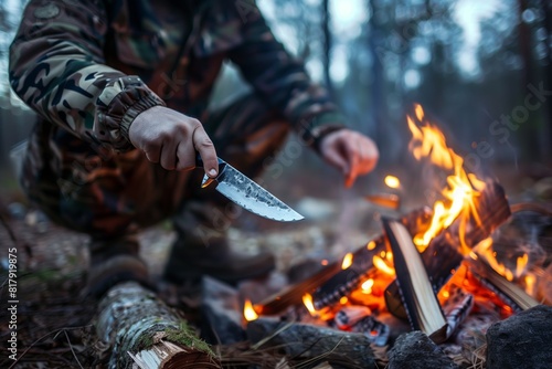 Camper in camouflage jacket holding a knife near a campfire in a forest, preparing or cooking during an outdoor survival scenario.