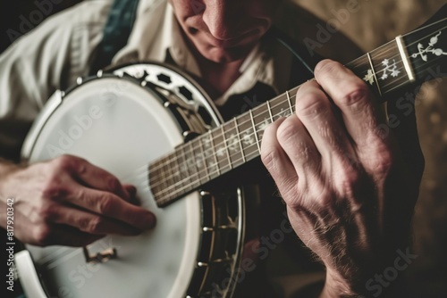 Close-up of a person playing a banjo, focusing on the hands and strings, showcasing intricate finger movements and instrument details.