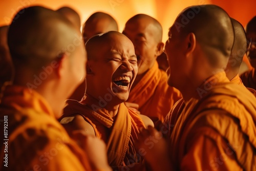 Group of monks in orange robes sharing a joyful moment, laughing and bonding together in a warm, intimate setting.