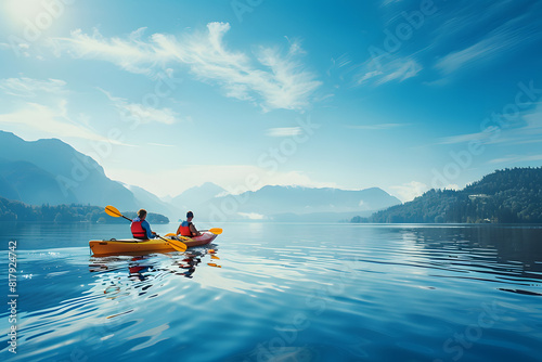 A high-resolution photo of a family kayaking on a calm lake, on a solid blue background with plenty of copy space 