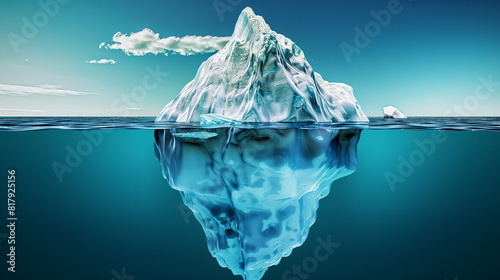 Iceberg with its visible and underwater or submerged parts floating in the ocean. 3D rendering illustration.