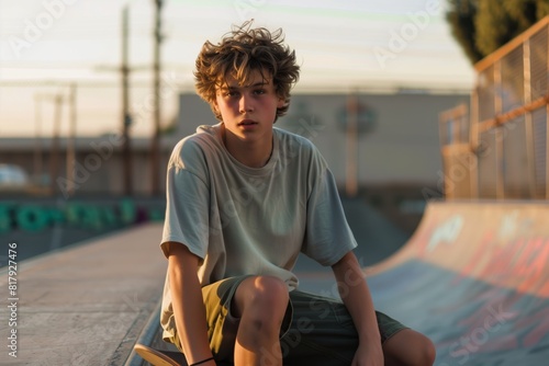 Teenager sitting at a skate park during sunset, wearing casual clothing with a skateboard beside him.