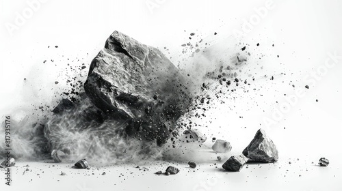 A large rock is shown with a lot of debris flying out from it. Concept of destruction and chaos