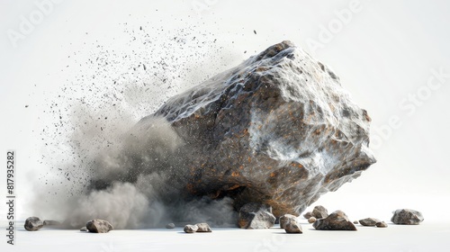 A large rock is shown with a lot of dust and debris flying out of it. Concept of destruction and chaos, as if the rock has been shattered into many pieces. The scene is dramatic and powerful