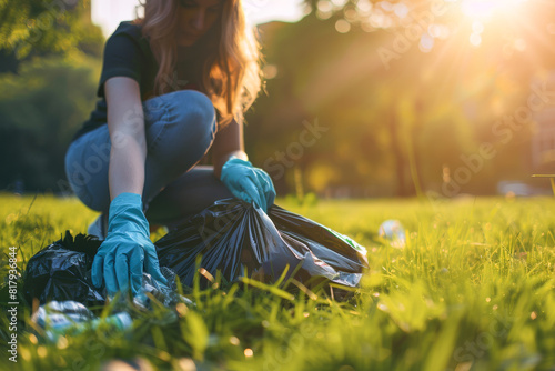Young woman volunteer doing cleanup in the park, picking up trash from the grass at sunset.