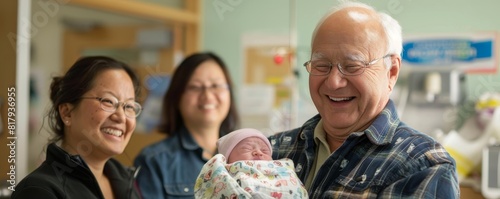 A photo of a doctor holding a newborn baby wrapped in a blanket, with proud parents looking on with joy and relief