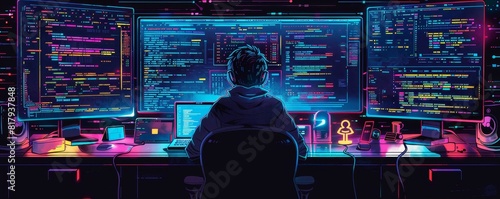 A programmer sits at a desk with multiple computer screens, writing complex code with colorful syntax highlighting