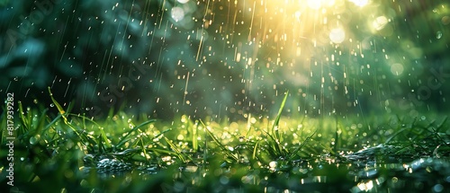 A close shot of summer rain water falling on green grass with a big space and horizontal view for text or nature type product advertisement background, Generative AI.