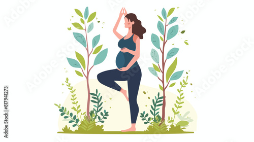 Pregnant woman with belly practicing pregnancy yoga a