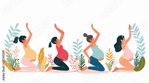 Pregnant women doing prenatal yoga exercises Four. Mo
