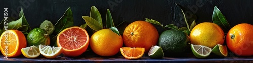 citrus fruits limes, oranges, and grapefruit segments arranged on a dark surface