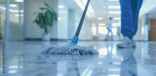 Housekeeping, cleaning, person with a mop to clean the floor. Office or domestic worker, cleaner and housewife 
