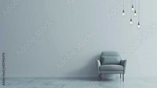 a modern armchair and hanging light bulbs on a white wall background with copy space for text