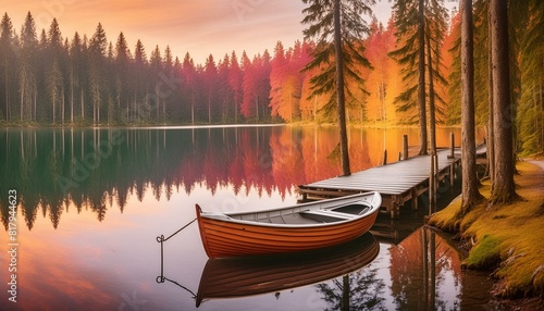 a serene lakeside scene at sunset. A small boat tied to a wooden dock, surrounded by tall pine trees. Warm color palette emphasizing oranges, reds, and purples. Tranquility and isolation. bateau, lac,