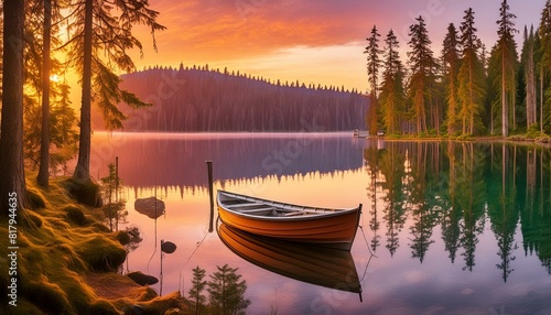 a serene lakeside scene at sunset. A small boat tied to a wooden dock, surrounded by tall pine trees. Warm color palette emphasizing oranges, reds, and purples. Tranquility and isolation. bateau, lac,