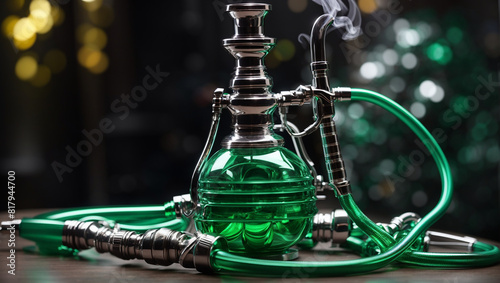 A green glass hookah with a silver top is sitting on a table. There is smoke coming out of the top of the hookah.