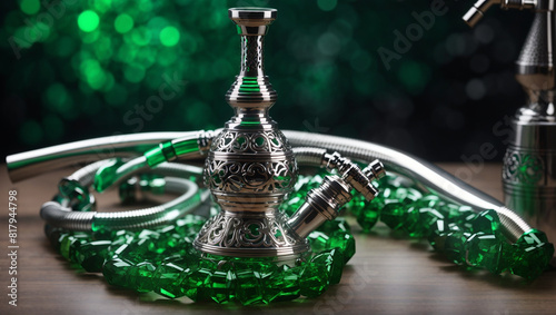 A green glass hookah with a silver top is sitting on a table. There is smoke coming out of the top of the hookah.