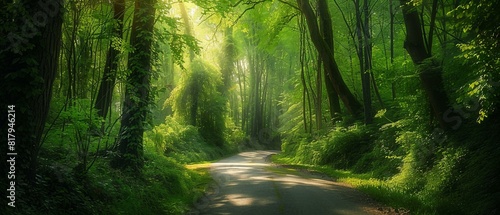 A narrow road winding through a dense forest