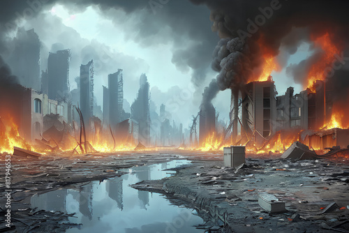 Post-apocalyptic abandoned city. Destroyed buildings, burning rubble, polluted water and air.