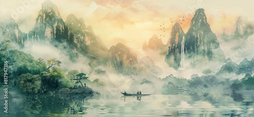 Chinese style landscape painting, mountains and waterfalls in the distance, green trees on mountain peaks, boat with people rowing forward, clouds floating above river surface