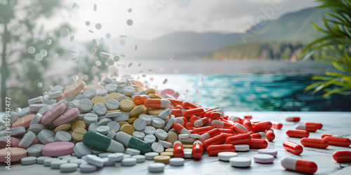 pile of prescription drugs spilling out onto the floor, contrasted with images of nature or recovery, highlighting the destructive effects of addiction on individuals and society