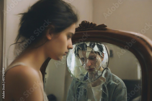 Depressed person in front of broken mirror. Girl and boy sitting together. Psychology illustration of sadness and stress