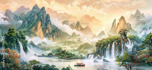 Chinese style landscape painting, mountains and waterfalls in the distance, green trees on mountain peaks, boat with people rowing forward, clouds floating above river surface