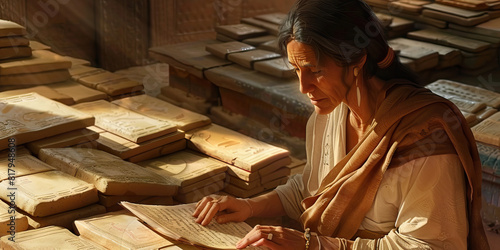 A Sumerian scribe, carefully translating ancient clay tablets in the temple of knowledge