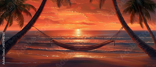 An idyllic Caribbean beach at sunset with a hammock