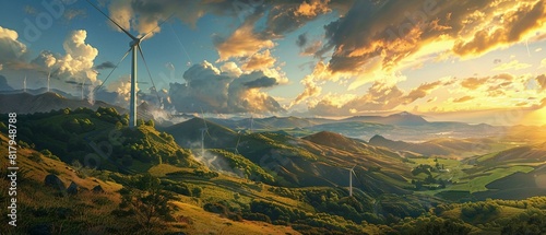 An idyllic setting of wind turbines on a mountain