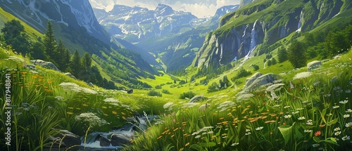 An idyllic summer view of the Swiss Alps