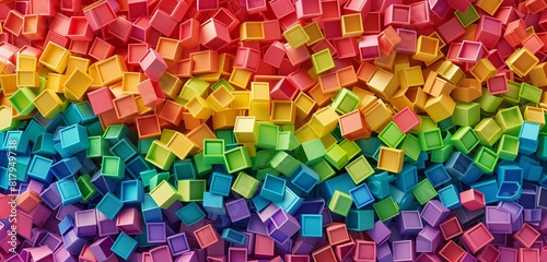 Abstract background, top view of wide pile various colorful rainbow colored stackable plastic toy bricks isolated on white 