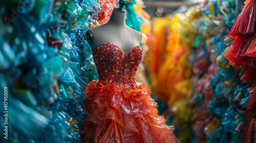 eco-friendly fashion showcased with a plastic fabric dress on a mannequin, promoting sustainability in clothing design