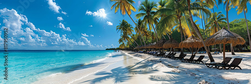 A beach with palm trees and umbrellas