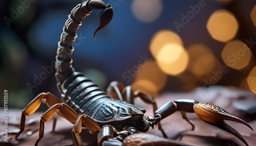 Macro photography of an electric blue scorpion on a rock