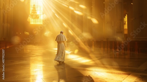 The pope walks alone through a long, brightly lit hallway.