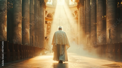 The Pope walks alone in a long corridor illuminated by a single beam of light.