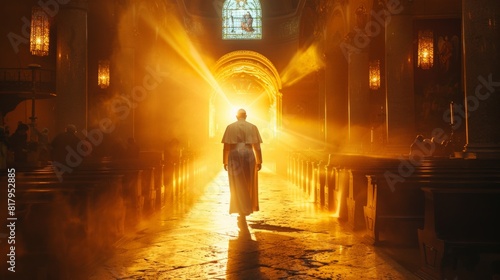 The pope walks down a long, brightly lit hallway