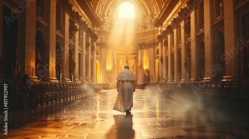 The pope walks alone in the long corridor of the Vatican.