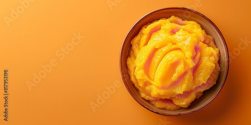 A petite glass bowl laden with yellow mango pulp has chunks of mango strewn all while over a setting of a pale vivid orange unseasoned dish and space, Generative AI.