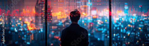 Businessman standing in panthouse office next to huge panoramic window with incredible night city bussiness downtown. Modern finance world money, success bussines people