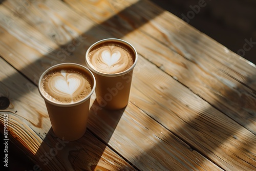 Two cups of cappuccino with heart-shaped latte art on a wooden table. Sunlight casting warm shadows. Morning coffee for two. Casual style. Generative AI